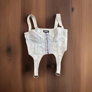 NEW Thrill Jeans CORSET BLUE Denim Bustier Hook Front Stretch Hang Ring STRAPS L